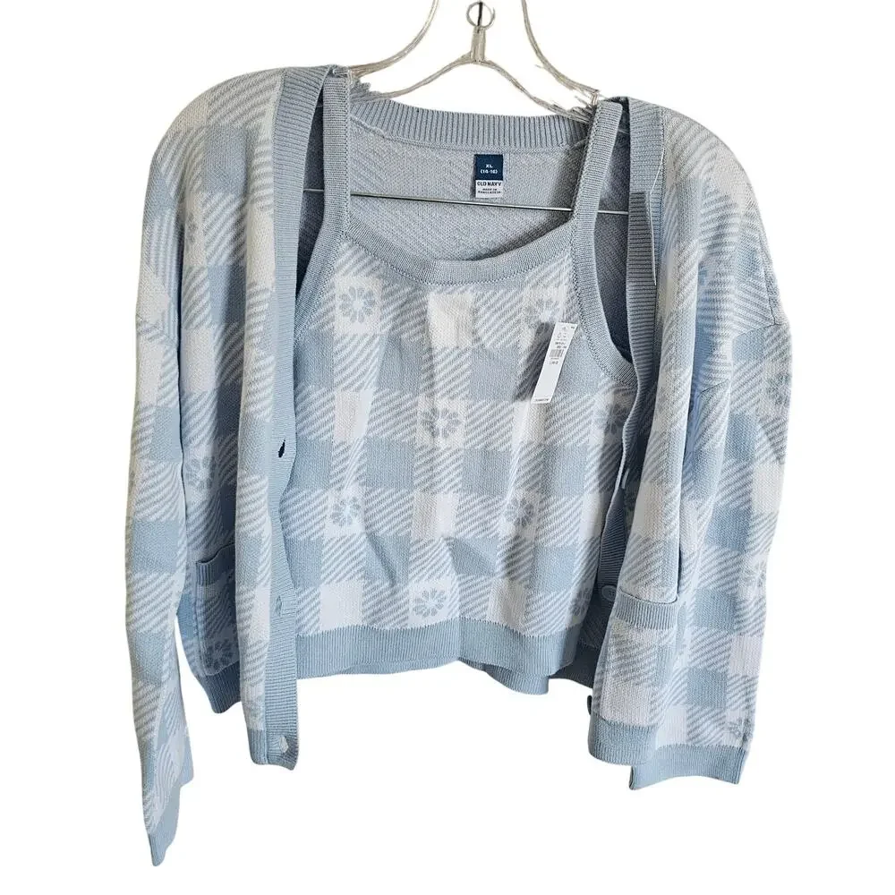Old Navy Button-Front Cardigan Sweater and Matching Tank Set, Blue White Sz XL